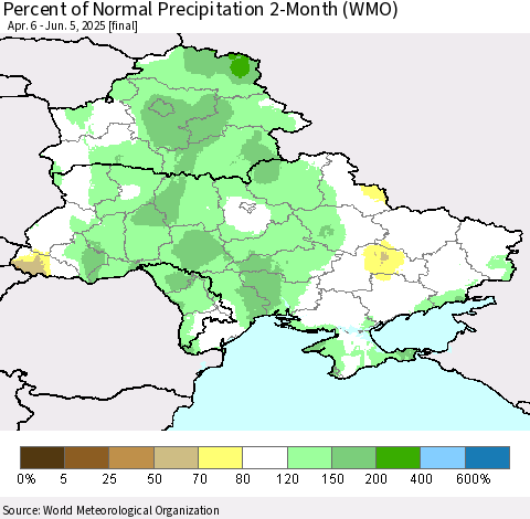 Ukraine, Moldova and Belarus Percent of Normal Precipitation 2-Month (WMO) Thematic Map For 4/6/2025 - 6/5/2025