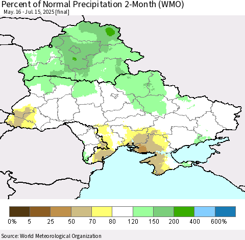 Ukraine, Moldova and Belarus Percent of Normal Precipitation 2-Month (WMO) Thematic Map For 5/16/2025 - 7/15/2025