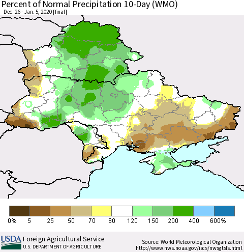 Ukraine, Moldova and Belarus Percent of Normal Precipitation 10-Day (WMO) Thematic Map For 12/26/2019 - 1/5/2020