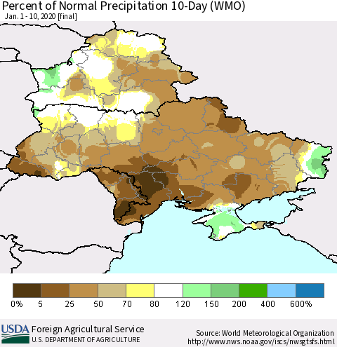 Ukraine, Moldova and Belarus Percent of Normal Precipitation 10-Day (WMO) Thematic Map For 1/1/2020 - 1/10/2020