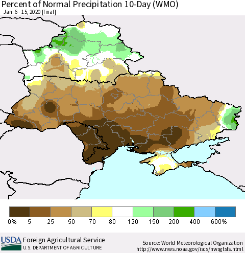 Ukraine, Moldova and Belarus Percent of Normal Precipitation 10-Day (WMO) Thematic Map For 1/6/2020 - 1/15/2020