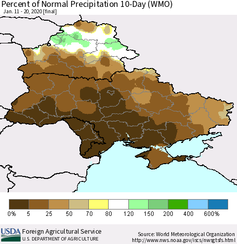 Ukraine, Moldova and Belarus Percent of Normal Precipitation 10-Day (WMO) Thematic Map For 1/11/2020 - 1/20/2020