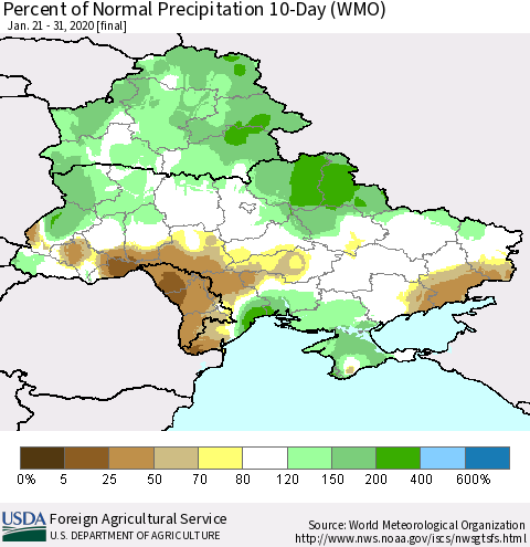 Ukraine, Moldova and Belarus Percent of Normal Precipitation 10-Day (WMO) Thematic Map For 1/21/2020 - 1/31/2020