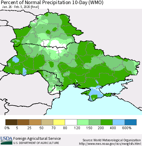 Ukraine, Moldova and Belarus Percent of Normal Precipitation 10-Day (WMO) Thematic Map For 1/26/2020 - 2/5/2020