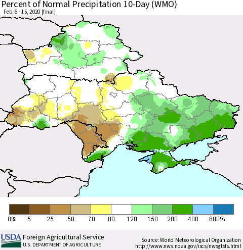 Ukraine, Moldova and Belarus Percent of Normal Precipitation 10-Day (WMO) Thematic Map For 2/6/2020 - 2/15/2020