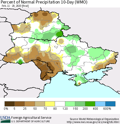 Ukraine, Moldova and Belarus Percent of Normal Precipitation 10-Day (WMO) Thematic Map For 2/11/2020 - 2/20/2020