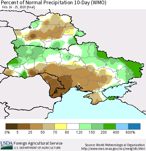 Ukraine, Moldova and Belarus Percent of Normal Precipitation 10-Day (WMO) Thematic Map For 2/16/2020 - 2/25/2020