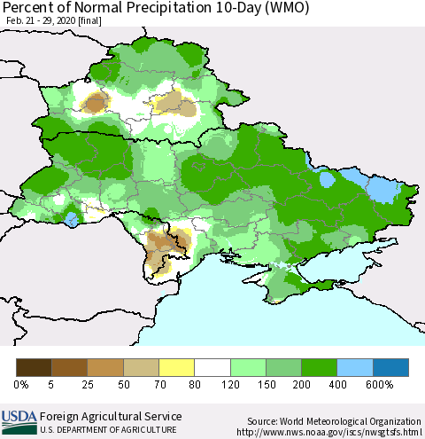 Ukraine, Moldova and Belarus Percent of Normal Precipitation 10-Day (WMO) Thematic Map For 2/21/2020 - 2/29/2020