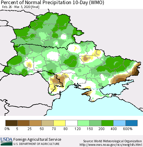 Ukraine, Moldova and Belarus Percent of Normal Precipitation 10-Day (WMO) Thematic Map For 2/26/2020 - 3/5/2020