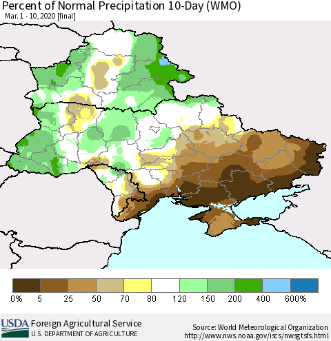 Ukraine, Moldova and Belarus Percent of Normal Precipitation 10-Day (WMO) Thematic Map For 3/1/2020 - 3/10/2020