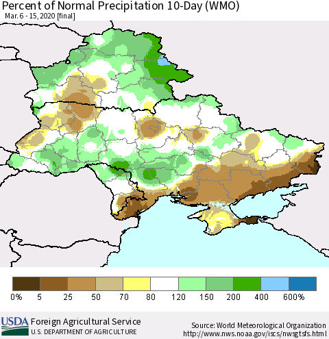 Ukraine, Moldova and Belarus Percent of Normal Precipitation 10-Day (WMO) Thematic Map For 3/6/2020 - 3/15/2020