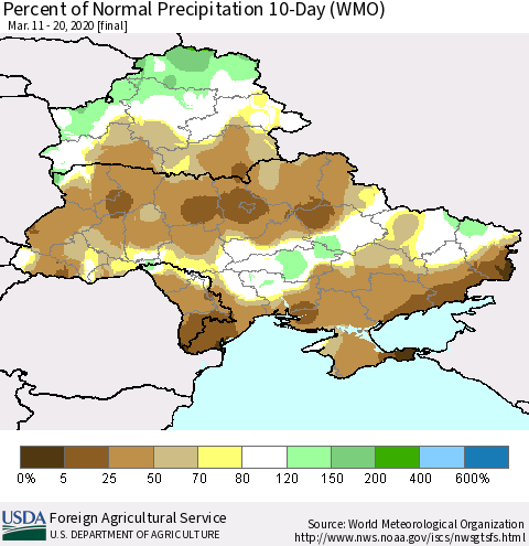 Ukraine, Moldova and Belarus Percent of Normal Precipitation 10-Day (WMO) Thematic Map For 3/11/2020 - 3/20/2020