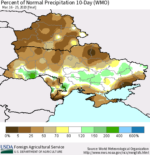 Ukraine, Moldova and Belarus Percent of Normal Precipitation 10-Day (WMO) Thematic Map For 3/16/2020 - 3/25/2020