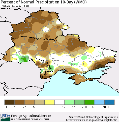 Ukraine, Moldova and Belarus Percent of Normal Precipitation 10-Day (WMO) Thematic Map For 3/21/2020 - 3/31/2020