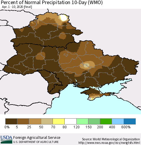 Ukraine, Moldova and Belarus Percent of Normal Precipitation 10-Day (WMO) Thematic Map For 4/1/2020 - 4/10/2020