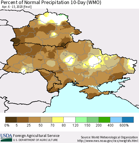 Ukraine, Moldova and Belarus Percent of Normal Precipitation 10-Day (WMO) Thematic Map For 4/6/2020 - 4/15/2020