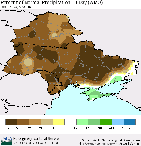 Ukraine, Moldova and Belarus Percent of Normal Precipitation 10-Day (WMO) Thematic Map For 4/16/2020 - 4/25/2020
