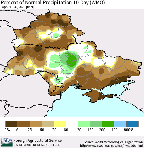 Ukraine, Moldova and Belarus Percent of Normal Precipitation 10-Day (WMO) Thematic Map For 4/21/2020 - 4/30/2020