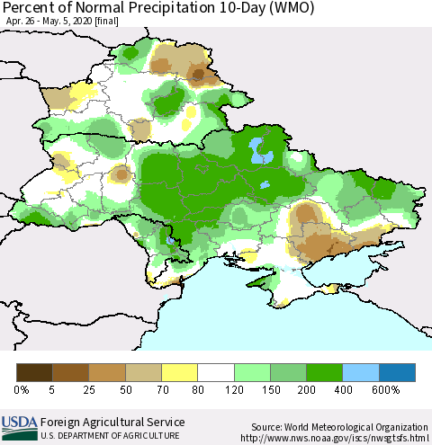 Ukraine, Moldova and Belarus Percent of Normal Precipitation 10-Day (WMO) Thematic Map For 4/26/2020 - 5/5/2020
