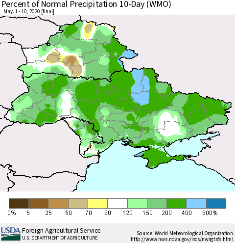 Ukraine, Moldova and Belarus Percent of Normal Precipitation 10-Day (WMO) Thematic Map For 5/1/2020 - 5/10/2020