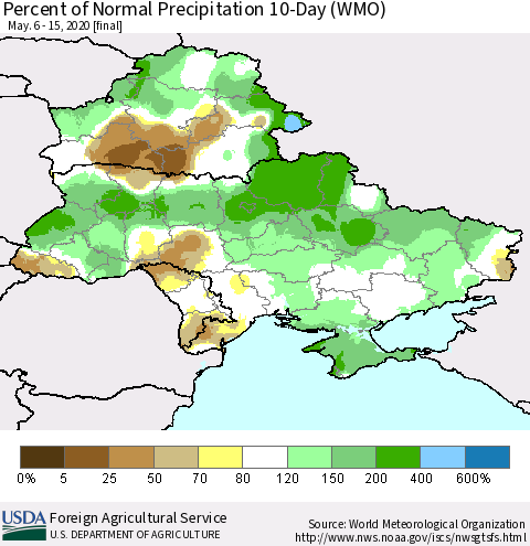 Ukraine, Moldova and Belarus Percent of Normal Precipitation 10-Day (WMO) Thematic Map For 5/6/2020 - 5/15/2020