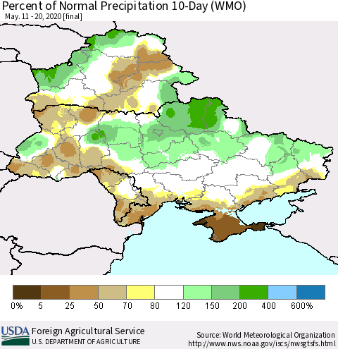 Ukraine, Moldova and Belarus Percent of Normal Precipitation 10-Day (WMO) Thematic Map For 5/11/2020 - 5/20/2020