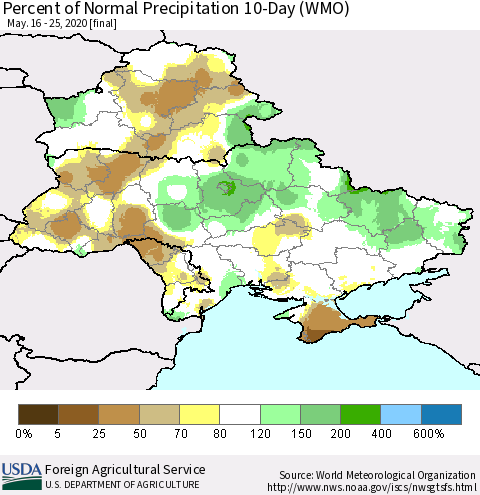 Ukraine, Moldova and Belarus Percent of Normal Precipitation 10-Day (WMO) Thematic Map For 5/16/2020 - 5/25/2020