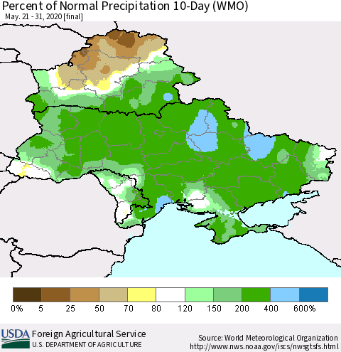 Ukraine, Moldova and Belarus Percent of Normal Precipitation 10-Day (WMO) Thematic Map For 5/21/2020 - 5/31/2020