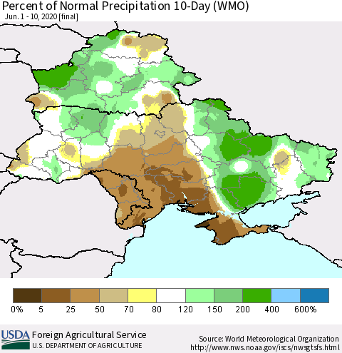 Ukraine, Moldova and Belarus Percent of Normal Precipitation 10-Day (WMO) Thematic Map For 6/1/2020 - 6/10/2020