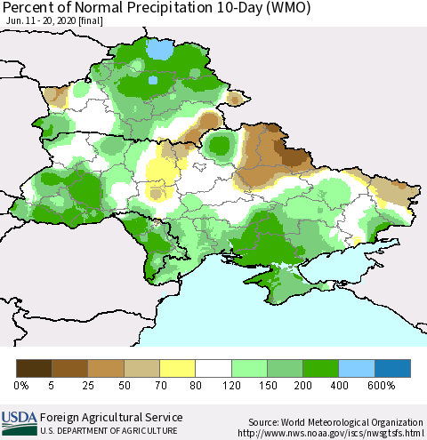 Ukraine, Moldova and Belarus Percent of Normal Precipitation 10-Day (WMO) Thematic Map For 6/11/2020 - 6/20/2020