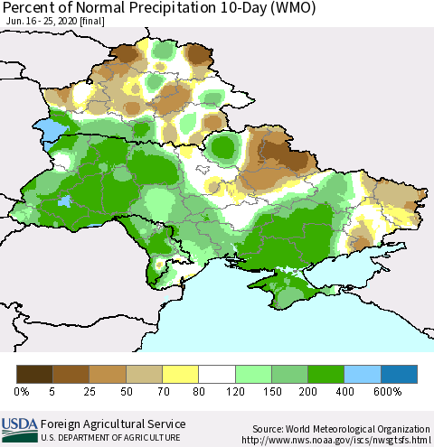 Ukraine, Moldova and Belarus Percent of Normal Precipitation 10-Day (WMO) Thematic Map For 6/16/2020 - 6/25/2020