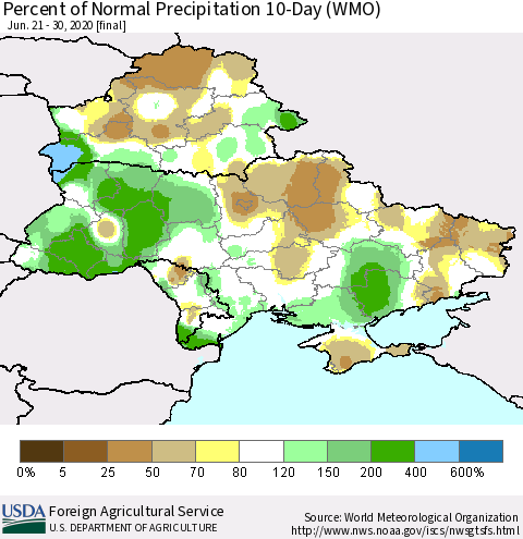 Ukraine, Moldova and Belarus Percent of Normal Precipitation 10-Day (WMO) Thematic Map For 6/21/2020 - 6/30/2020