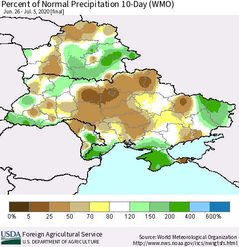 Ukraine, Moldova and Belarus Percent of Normal Precipitation 10-Day (WMO) Thematic Map For 6/26/2020 - 7/5/2020