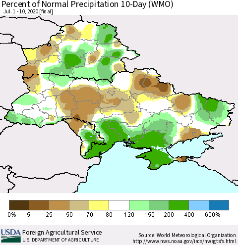 Ukraine, Moldova and Belarus Percent of Normal Precipitation 10-Day (WMO) Thematic Map For 7/1/2020 - 7/10/2020