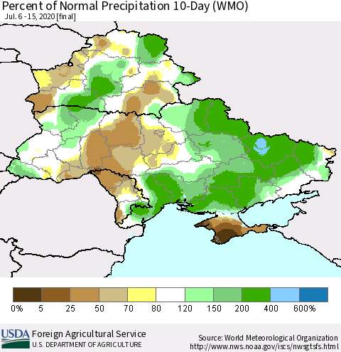 Ukraine, Moldova and Belarus Percent of Normal Precipitation 10-Day (WMO) Thematic Map For 7/6/2020 - 7/15/2020