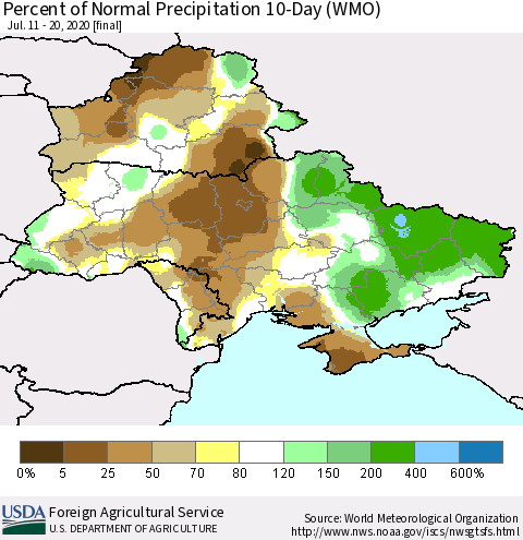 Ukraine, Moldova and Belarus Percent of Normal Precipitation 10-Day (WMO) Thematic Map For 7/11/2020 - 7/20/2020