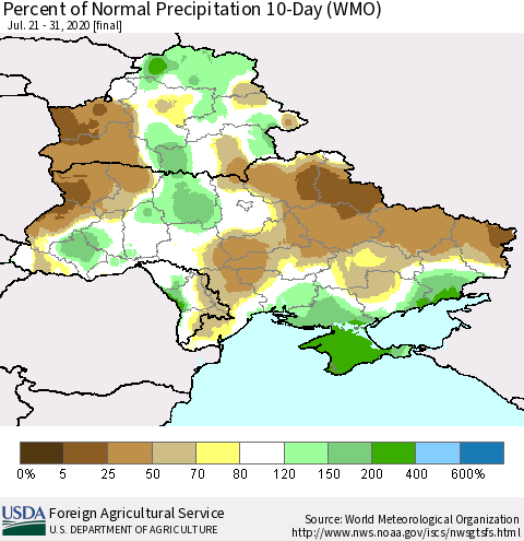 Ukraine, Moldova and Belarus Percent of Normal Precipitation 10-Day (WMO) Thematic Map For 7/21/2020 - 7/31/2020