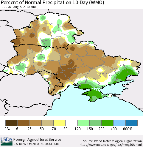 Ukraine, Moldova and Belarus Percent of Normal Precipitation 10-Day (WMO) Thematic Map For 7/26/2020 - 8/5/2020