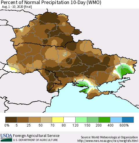 Ukraine, Moldova and Belarus Percent of Normal Precipitation 10-Day (WMO) Thematic Map For 8/1/2020 - 8/10/2020