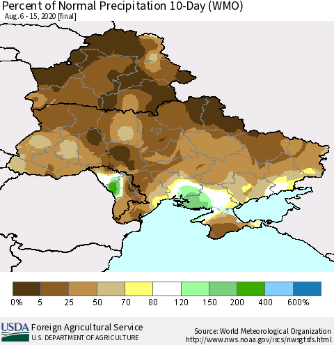 Ukraine, Moldova and Belarus Percent of Normal Precipitation 10-Day (WMO) Thematic Map For 8/6/2020 - 8/15/2020