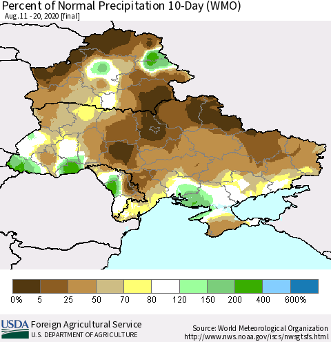 Ukraine, Moldova and Belarus Percent of Normal Precipitation 10-Day (WMO) Thematic Map For 8/11/2020 - 8/20/2020