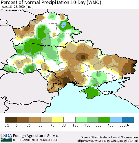 Ukraine, Moldova and Belarus Percent of Normal Precipitation 10-Day (WMO) Thematic Map For 8/16/2020 - 8/25/2020