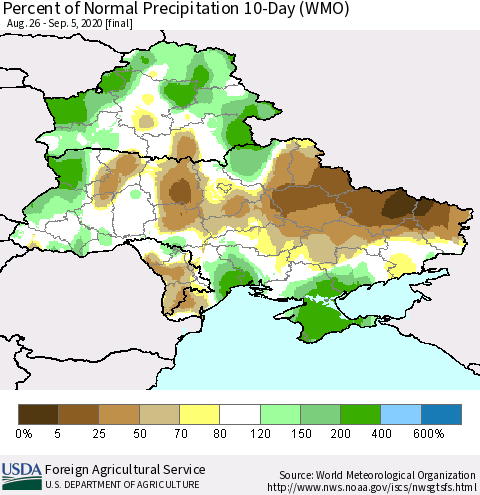 Ukraine, Moldova and Belarus Percent of Normal Precipitation 10-Day (WMO) Thematic Map For 8/26/2020 - 9/5/2020