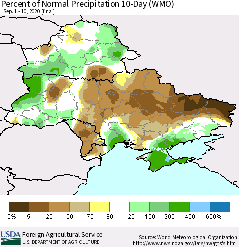 Ukraine, Moldova and Belarus Percent of Normal Precipitation 10-Day (WMO) Thematic Map For 9/1/2020 - 9/10/2020