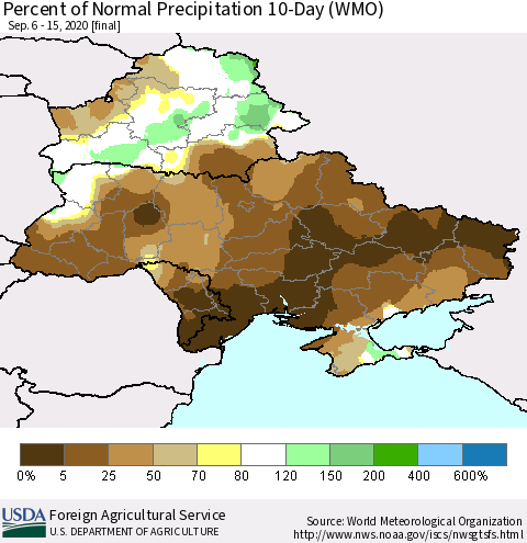 Ukraine, Moldova and Belarus Percent of Normal Precipitation 10-Day (WMO) Thematic Map For 9/6/2020 - 9/15/2020