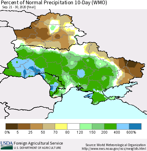 Ukraine, Moldova and Belarus Percent of Normal Precipitation 10-Day (WMO) Thematic Map For 9/21/2020 - 9/30/2020