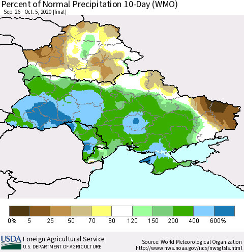 Ukraine, Moldova and Belarus Percent of Normal Precipitation 10-Day (WMO) Thematic Map For 9/26/2020 - 10/5/2020