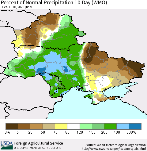 Ukraine, Moldova and Belarus Percent of Normal Precipitation 10-Day (WMO) Thematic Map For 10/1/2020 - 10/10/2020
