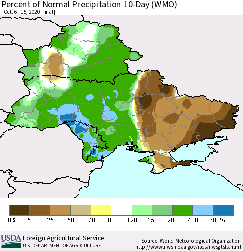Ukraine, Moldova and Belarus Percent of Normal Precipitation 10-Day (WMO) Thematic Map For 10/6/2020 - 10/15/2020