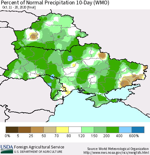 Ukraine, Moldova and Belarus Percent of Normal Precipitation 10-Day (WMO) Thematic Map For 10/11/2020 - 10/20/2020
